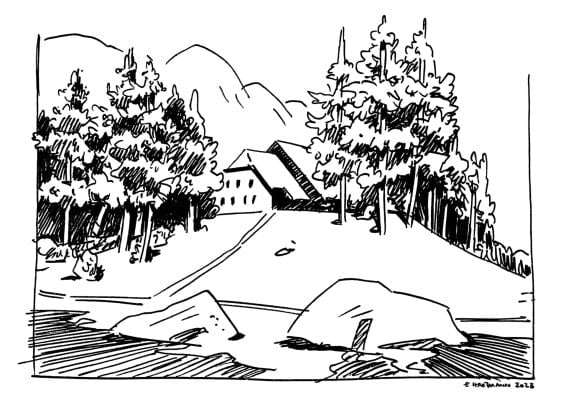 Ilustrácia Erjavčevovej chaty od Evy Hartmann